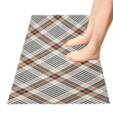 Imagem de TSENQUE Tapete de cozinha xadrez tweed bege laranja tapete de cozinha, tapetes de entrada modernos antiderrapante absorvente banheira tapete de chuveiro decoração de cozinha para casa, 99 cm x 51 cm