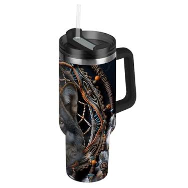 Imagem de Copo térmico Dream Catcher Wolf com tampa e canudo Copo térmico de 1,134 g com alça garrafas de água isoladas, caneca de café quente de aço inoxidável para carros