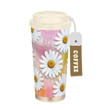 Imagem de TSENQUE Caneca de café de viagem 40 ml com canudo e tampa, copo de parede dupla isolado a vácuo com revestimento cerâmico, margaridas florais rosa suave bege