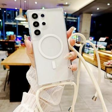 Imagem de Capa de acrílico à prova de choque para Samsung Galaxy S25 Ultra, S23, S24 Plus, S25 Plus, tira transversal, magnética, sem fio, transparente, branca, para S24 Ultra