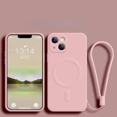 Imagem de Capa de silicone com alça de pulso para iPhone 16, 14, 13, 15 Pro Max, 12, 11 XR, XS Plus SE, capa magnética para carregamento sem fio, rosa, para iPhone 13