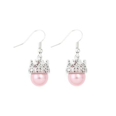 Imagem de Brincos femininos com pingente de coroa inspirados na Wicked – Brincos pendentes de pérola sintética rosa com pingente de tiara de strass – joia estética musical de liga de zinco banhada para festas
