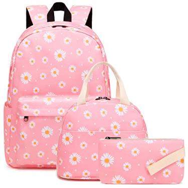 Imagem de Kouxunt Mochilas escolares para meninas e adolescentes, conjunto de mochilas escolares 3 em 1 com lancheira e estojo para lápis, Rosa margarida, Large, Mochila, casual