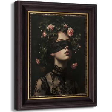 Imagem de Arte de parede emoldurada em ouro preto gótico escuro preppy decoração de parede vitoriana rosa vendada pôster feminino melancolia menina estética para quarto sala de estar dormitório biblioteca 30 x