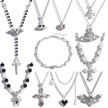 Imagem de Sanfenly Conjunto de colar gótico vintage para mulheres, punk, grunge, cruz, coração, morcego, aranha, asa de anjo, caveira de Saturno, colares de declaração em camadas, Metal, Zircônia cúbica