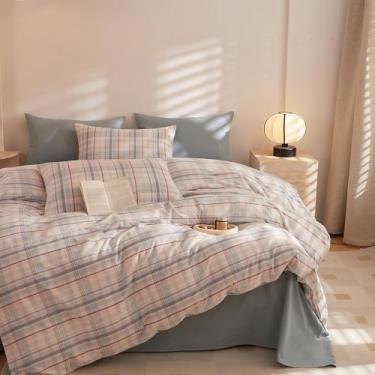 Imagem de EAVD Capa de edredom colorida de algodão lavado macio e chique, xadrez, com 2 fronhas, conjunto de cama quadriculado moderno para meninos, meninas, mulheres, homens, fazenda, guingão, jogo de cama