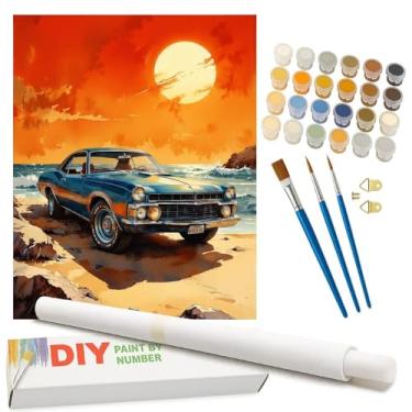 Imagem de Kit de pintura de carro vintage por números para adultos – pintura de carro azul faça você mesmo ao pôr do sol na praia em tela enrolada 40 x 50 cm, conjunto de tinta acrílica, adequado para