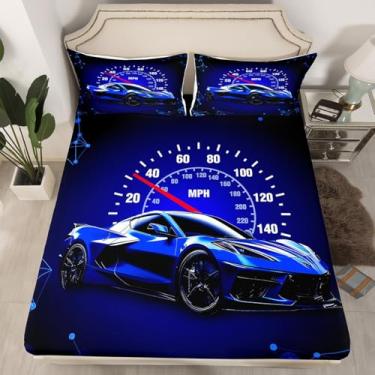 Imagem de Feelyou Jogo de lençol infantil de carro de corrida azul, tamanho solteiro, carro esportivo - lençol com elástico e capa de cama - sem lençol de cima