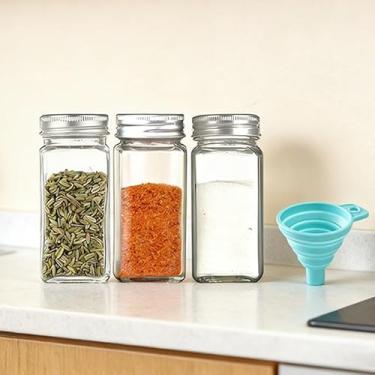 Imagem de Pacote com 3, frascos de temperos de vidro transparente de 120 ml com tampas e funil dobrável, garrafas de especiarias de grau alimentício para cozinha, organizador de temperos quadrado vazio
