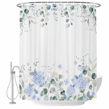 Imagem de Cortina de chuveiro de hortênsias florais azuis, folhas verdes rústicas, tecido impermeável, conjunto de cortinas de chuveiro para banheiro, decoração de casa, lavável na máquina
