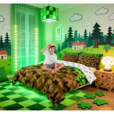 Imagem de Conjunto de capa de edredom estilo mineiros, tamanho solteiro, marrom, verde, exército, camuflado, para decoração de quarto de crianças, meninos, adolescentes, homens, desenho animado, gamepad, capa