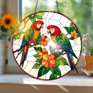 Imagem de Acrílico colorido Suncatcher, papagaios, animal estampado, vitral, apanhador de sol com reflexos de arco-íris, decoração de janela suspensa, arte de parede, ornamentos de primavera, uso interno e