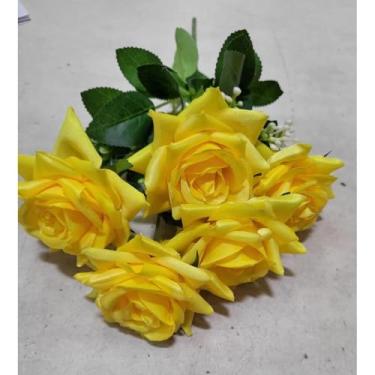 Imagem de Rosa Artificial com 5 flores (De ponta)(Amarelo,Kit com 2 Unidades)