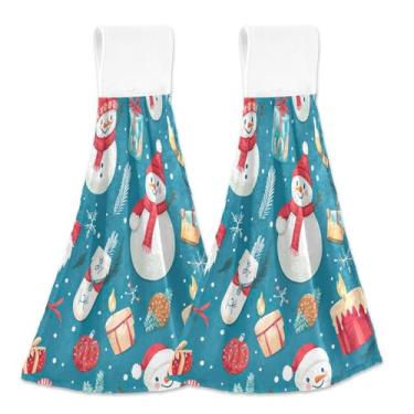 Imagem de Blueangle 2 peças de bonecos de neve de desenho animado toalhas de gravata penduradas toalha de mão toalha de mão absorvente de veludo coral macio pano para cozinha banheiro (364)