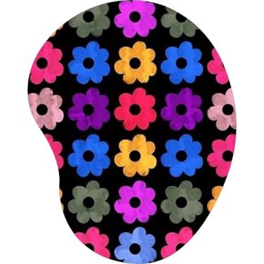 Imagem de Mouse Pad Ergonômico Gota Flores Coloridas Padrão Xadrez Fundo Preto