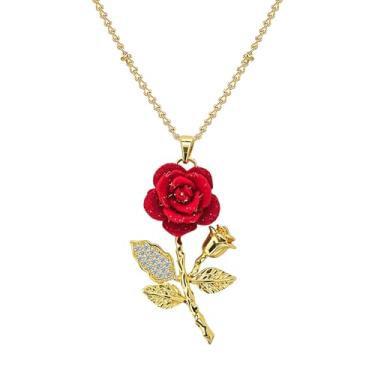 Imagem de OIDEA Colares de rosa para mulheres: Colar com pingente de flor de rosa vermelha de zircônia cúbica dourada amor eterno, promessa de dia dos namorados, joias de aniversário presentes para sua esposa e