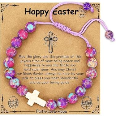 Imagem de FOLALIFE Cesto de Páscoa feliz de 8 mm para adolescentes, meninas, meninos, crianças, pulseira de contas cruzadas, batismo religioso, primeira comunhão, joias presentes