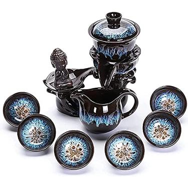 Imagem de Conjunto de chá, conjunto de chá de cerâmica artesanal de porcelana (6 xícaras com bule de chá), para viagem, casa, ao ar livre, escritório, melhor presente (cor: Shan), prático (3 anos)
