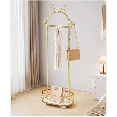 Imagem de Suporte de roupas independente de metal para pendurar cabideiro móvel com rodas cabideiro de canto armazenamento interno rack de roupas com cesta de armazenamento para entrada do quarto (cor: B/ouro