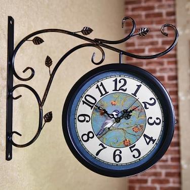 Imagem de SLGGPJBU Relógios de parede externos de 25,4 cm à prova d'água, relógio de parede de jardim de dupla face, relógio de estação de trem retrô de rotação de 360 graus, relógios de dupla face de ferro