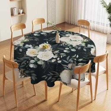 Imagem de Toalha de mesa redonda floral, preta, vintage, rosa, peônia, boho, flor, botânica, colorida, country, retrô, lavável, poliéster, lavável para cozinha, jantar, festa, decoração de casa, 91 cm
