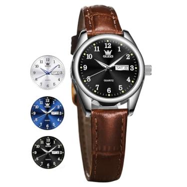 Imagem de OLEVS Relógios femininos à prova d'água clássico relógio de couro analógico quartzo casual elegante relógio de pulso vintage de luxo com data, dia e numerais arábicos, mostrador para mulheres