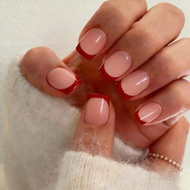 Imagem de KXAMELIE Pressionar unhas curtas – unhas quadradas francesas com cola, unhas postiças nude natural em 15 tamanhos – Kit de 30 unhas de gel macio para mulheres, ajuste excelente, vermelho elegante