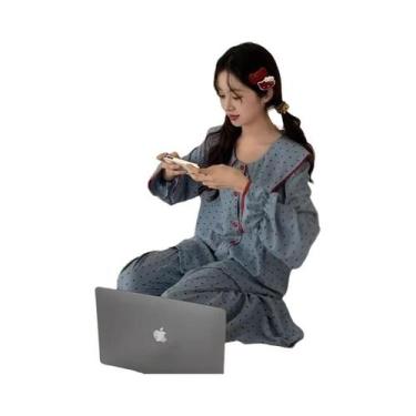 Imagem de Conjunto De Pijama Feminino Estilo Cardigã Xadrez Com Manga Longa E Ca