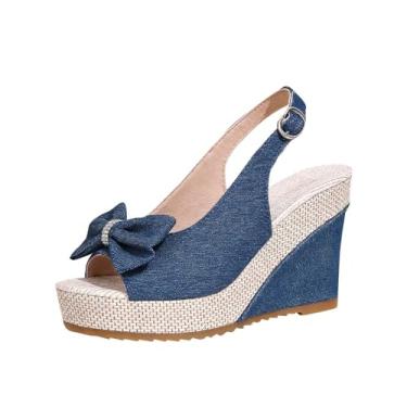Imagem de Sandálias femininas Peep-Toe com laço de fivela, chinelos confortáveis para primavera, Azul royal, 38