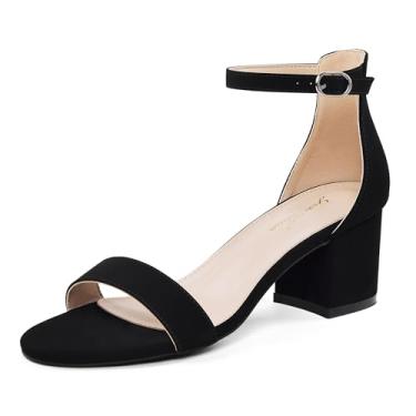 Imagem de GENSHUO Sandálias femininas de salto baixo com tiras e bico aberto, salto confortável, sexy, bonito, tira no tornozelo, festa de casamento, formatura, verão, sapatos de salto alto, Preto nobuck, 41