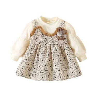 Imagem de Vestido De Manga Longa Para Meninas Com Estampa De Flores Em Renda E D