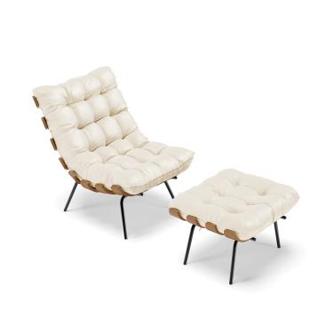 Imagem de Kit 01 Poltrona e 01 Puff Costela Corino Bege Base Metálica Preto - D'Rossi
