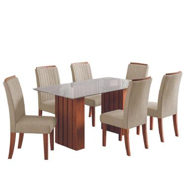 Imagem de Conjunto De Mesa Sala De Jantar Ripada Tampo Com Vidro Santiago 1,60m 6 Cadeiras Grécia Dobuê Madeirado / Bege