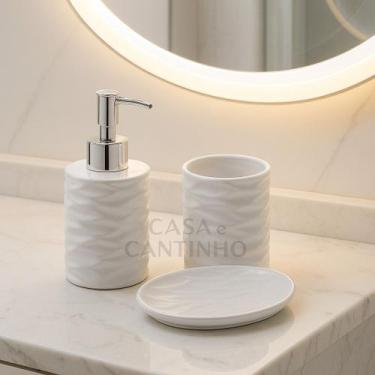 Imagem de Kit 3 Peças Conjunto de Banheiro Dispenser Porta Sabonete Liquido esco