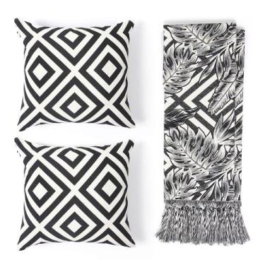 Imagem de Kit 1 manta Rústica e 2 Capas de Almofada para Sofá Folhagem Geométric