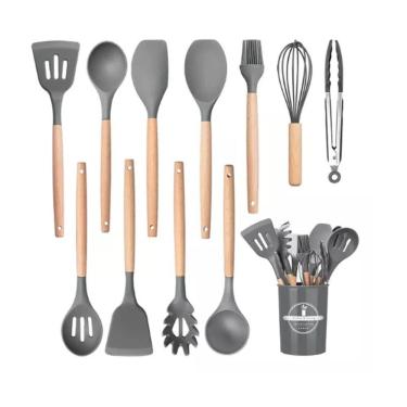 Imagem de Kit de Utensílios para Cozinha em Silicone e Bambu 12 Peças para Preparo de Receitas Que