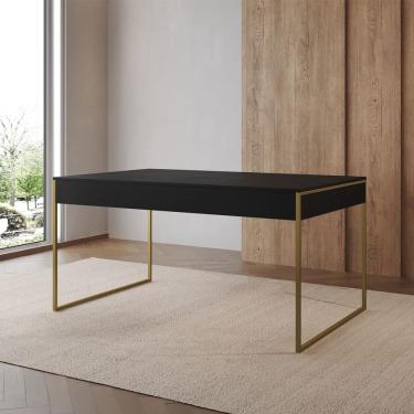Imagem de Mesa de Jantar Filadélfia Industrial Retangular MDF 120CM X 75CM Preto Fosco Base Ferro Dourado