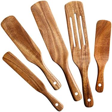 Imagem de Utensílios de cozinha de madeira para spurtle QWKIT 5 peças premium natural de teca com entalhes para panelas antiaderentes, cozinhar, resistente ao calor, antiaderente, antiaderente, 5 unidades