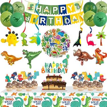 Imagem de Artigos para festa de aniversário de dinossauro, conjunto de 104 peças de artigos de festa de dinossauro para meninos e meninas, inclui balões, faixas, toalha de mesa, adesivos, espirais para pendurar, balões de filme de alumínio, topo de bolo e topos de cupcake