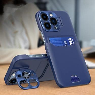 Imagem de Caixa de suporte de cartão de couro de luxo com suporte invisível para iPhone 14 13 12 Pro Max Mini capa protetora de lente de metal, azul escuro, para iPhone 12