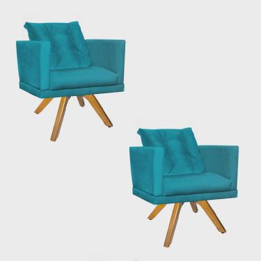 Imagem de Kit 02 Poltrona Cadeira Kim Luxo Confort Giratória Caramelo Com almofada Solta Suede Azul Turquesa - Ahazzo Móveis
