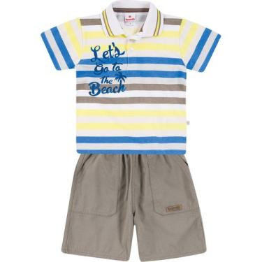 Imagem de Conjunto Bebê Brandili Camiseta Polo e Bermuda - Em Meia Malha e Sarja - Azul e Amarelo