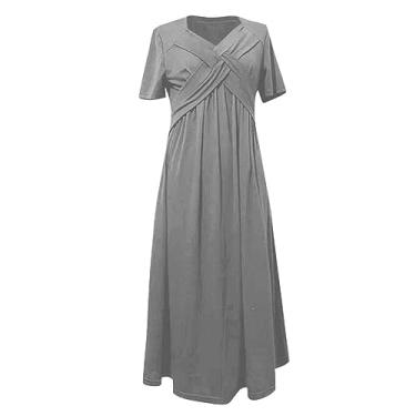 Imagem de UIFLQXX Vestido longo feminino plus size com decote em V, manga curta, cor sólida, vestido de verão de chiffon solto, Cinza, XXG