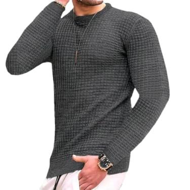 Imagem de KANG POWER Suéter masculino de algodão com gola redonda slim fit casual de malha camiseta masculina de manga longa, Cinza escuro, X-Large