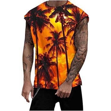 Imagem de Coletes masculinos gola redonda colete masculino treino atlético praia havaiana camiseta regata tropical verão outono 2024, E-469 Amarelo Mostarda, M