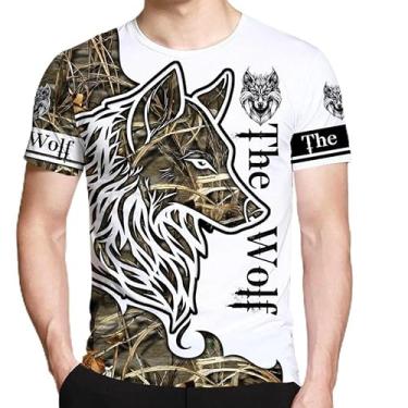 Imagem de Camiseta masculina com estampa 3D de lobos, estampa animal, folhas de ervas daninhas, masculino/feminino, camiseta divertida com cara de lobo legal, Azul marinho, G