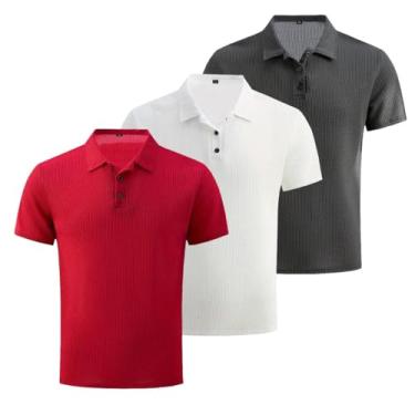 Imagem de 3 peças/conjunto de malha confortável camisa masculina elástica manga curta lapela golfe camiseta verão ao ar livre, presente para homens, Vermelho + branco + cinza escuro, G