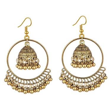 Imagem de Brincos Jhumka Bohemian Jhumka com pingente de bola com contas étnicas ciganas vintage tradicional Jhumki brinco pendente boho feito à mão Bollywood joias para mulheres meninas melhores presentes de