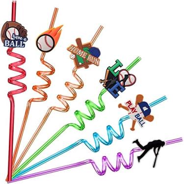 Imagem de 24 peças de canudos de plástico reutilizáveis de beisebol para lembrancinhas de festa de beisebol, sacolas de presente perfeitas para crianças, tema de beisebol, artigos de festa de aniversário, brindes de festa de beisebol esportivos com 2 pincéis de limpeza