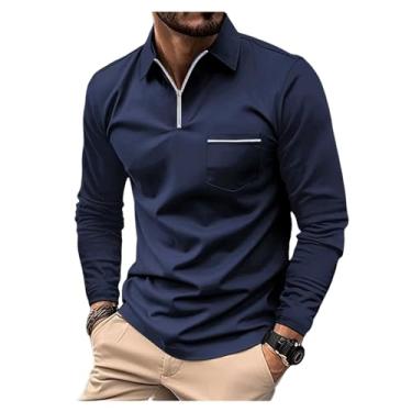 Imagem de Camisa polo masculina cor sólida bolso frontal zíper pulôver gola larga manga longa, Azul-escuro, M
